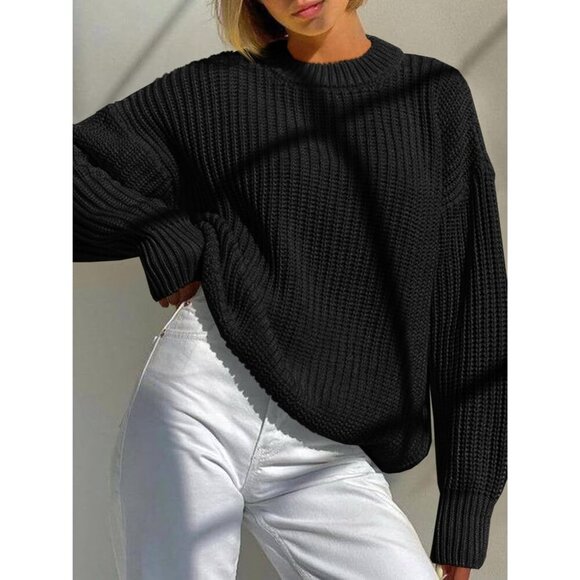Trendy Black Ribbed Knit Oversized Sweater - Medium for Effortless Style - Picture 2 of 5